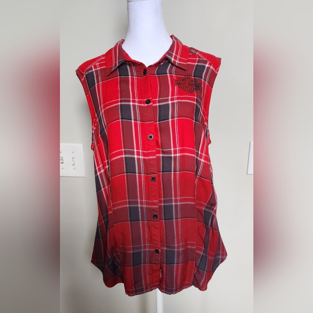 Harley Davidson Red Plaid Sleeveless Button-Up Tank Top